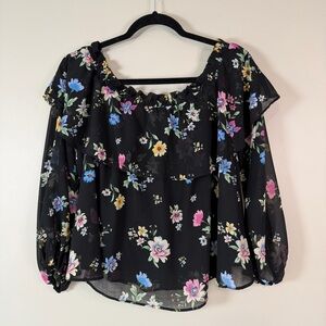 H&M Women’s Small Ruffled Sheer Sleeve Fairy Floral Whimsygoth Square Neck Top‎